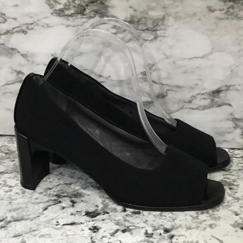 Stuart Weitzman Black Fabric Peep Toe Heels